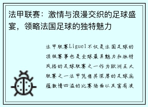 法甲联赛：激情与浪漫交织的足球盛宴，领略法国足球的独特魅力