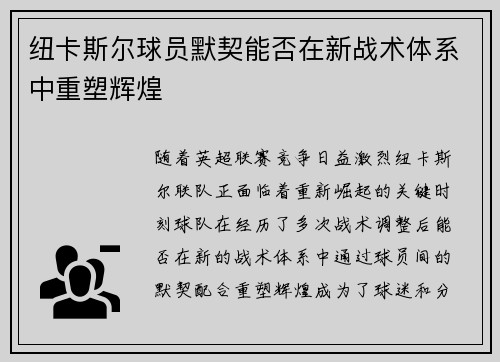 纽卡斯尔球员默契能否在新战术体系中重塑辉煌